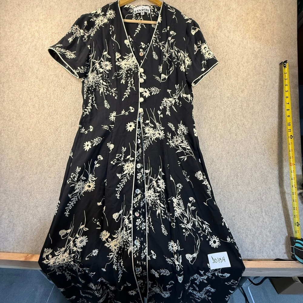 Panache Vintage Floral Button Front Midi Dress Black White Short Sleeve Size 10